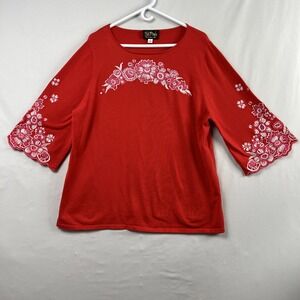 Bob Mackie Tunic Sweater Women's Size 1X Embroidered Artsy  Floral Red Colorful